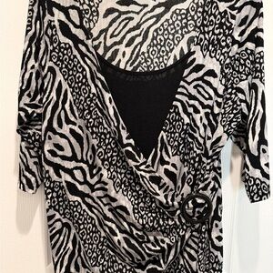 Essentials Animal Print Top 14/16 Black White Wrap Buckle Stretch Blouse Career